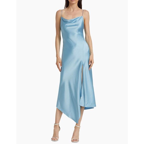 NWT Alice + Olivia Cowl Neck Waterfall Maxi Slip Dress Light Blue Size 2 $395 - Picture 1 of 10